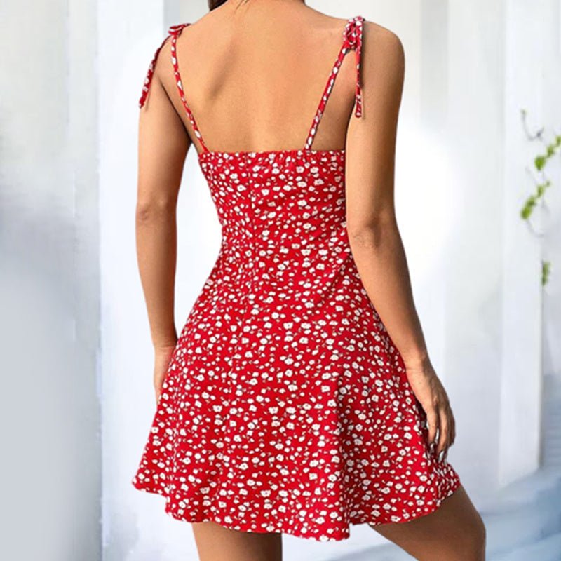 FitiqueFit floral mini summer dress with spaghetti straps, tie shoulders, and ruffle details in boho casualwear style.
