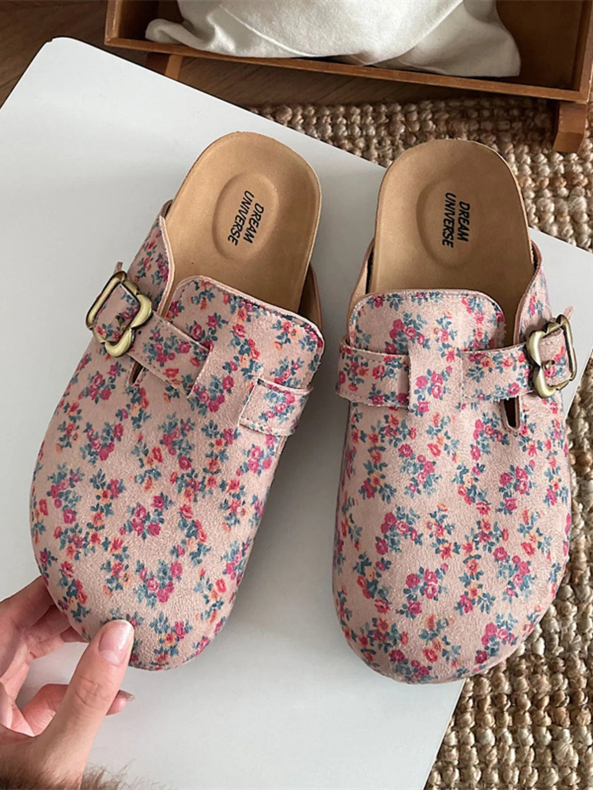Women's floral print round toe slip-on casual flats by Plush Fashion Hub, featuring a comfortable walking shoe design with a colorful floral pattern.