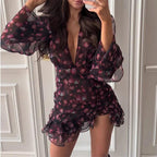 Floral print ruffled long sleeve maxi dress for women by FitiqueFit, featuring a flowing design and elegant floral pattern.