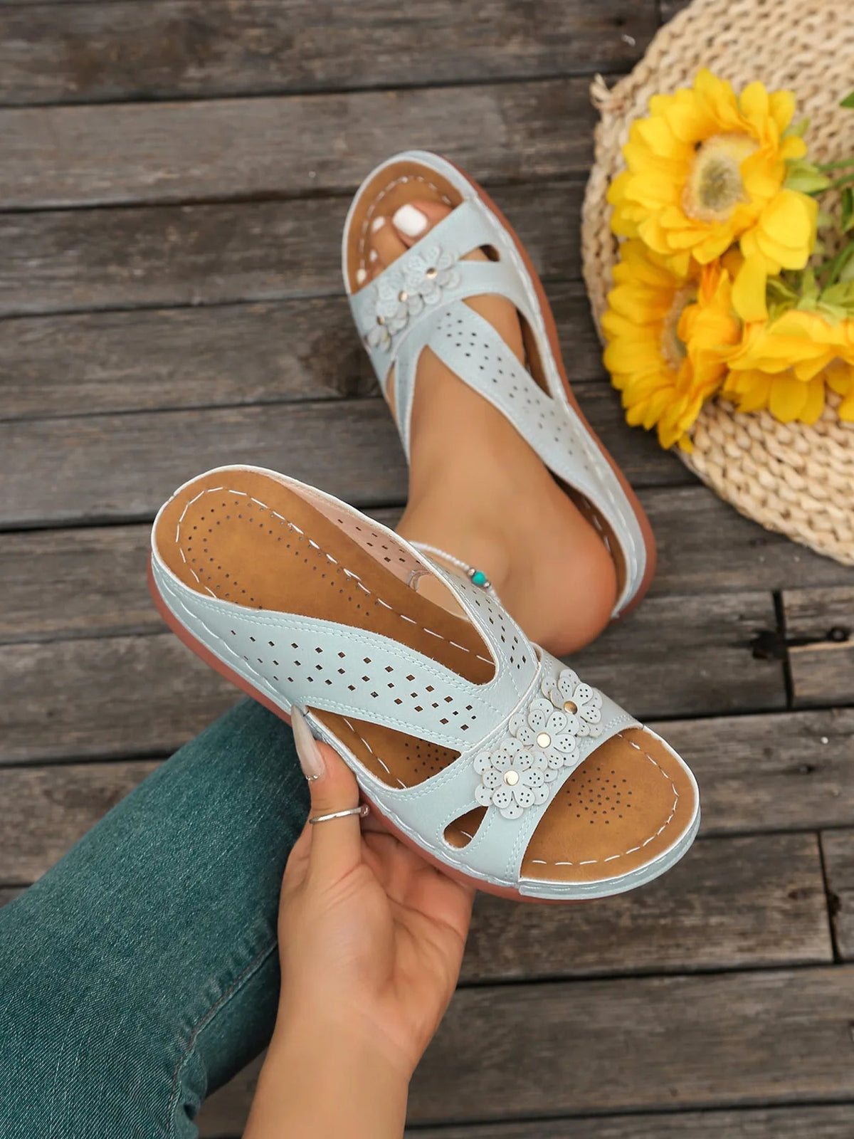 Women's floral comfort wedge sandals by Plush Fashion Hub with low heel and PU leather straps, ideal for casual summer wear.