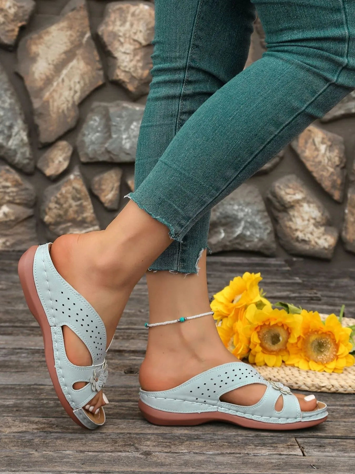 Women's floral comfort wedge sandals by Plush Fashion Hub featuring low heel, PU leather straps, ideal for casual summer wear.
