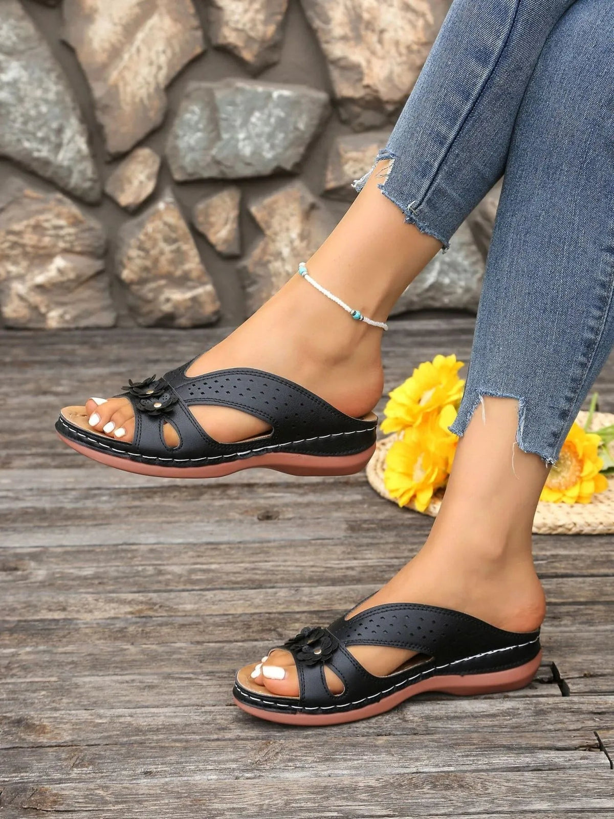Women's floral comfort wedge sandals by Plush Fashion Hub featuring low heel, PU leather straps, ideal for casual wear.