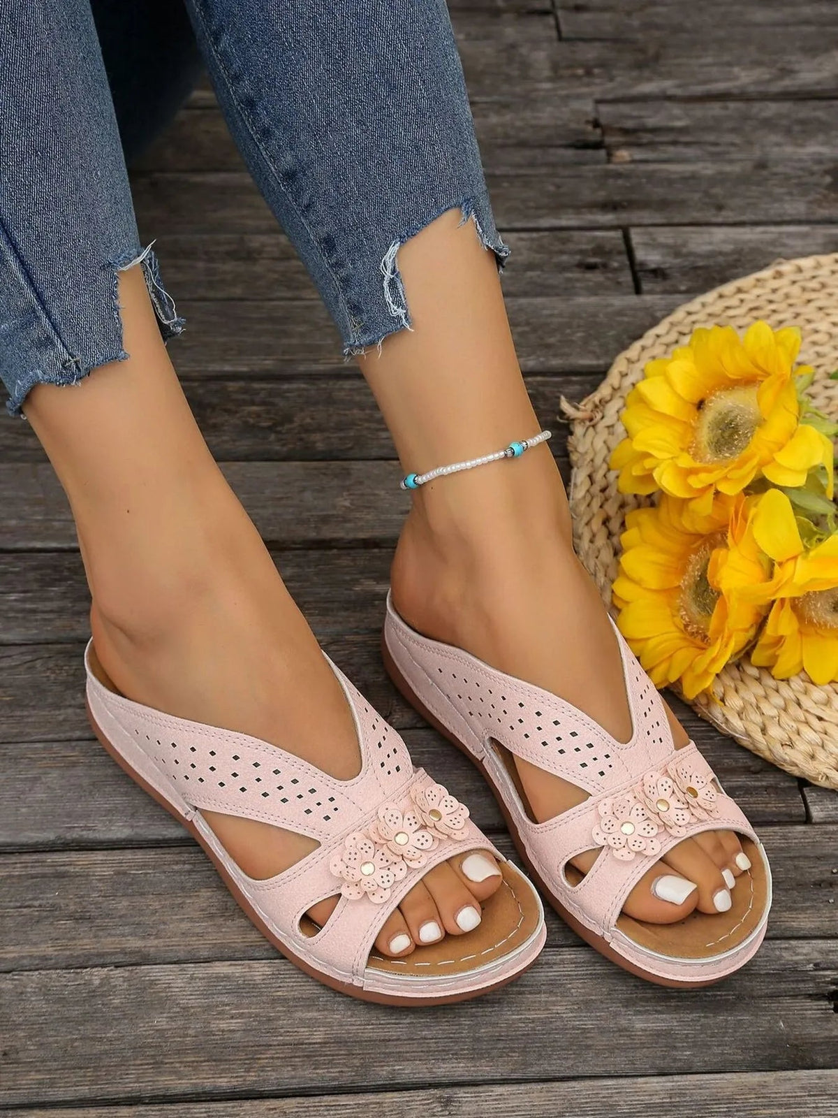Women's floral comfort wedge sandals by Plush Fashion Hub, low heel PU leather shoes with colorful flower design and cushioned footbed.