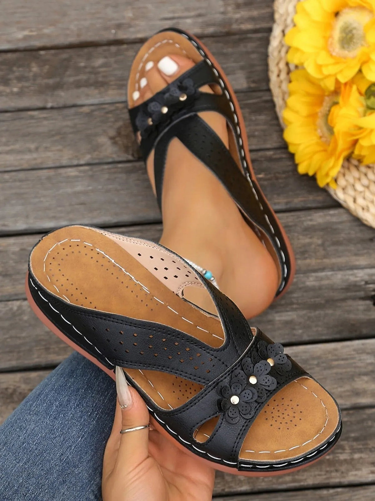Women's floral comfort wedge sandals by Plush Fashion Hub featuring low heel, PU leather straps, and a stylish, casual design.