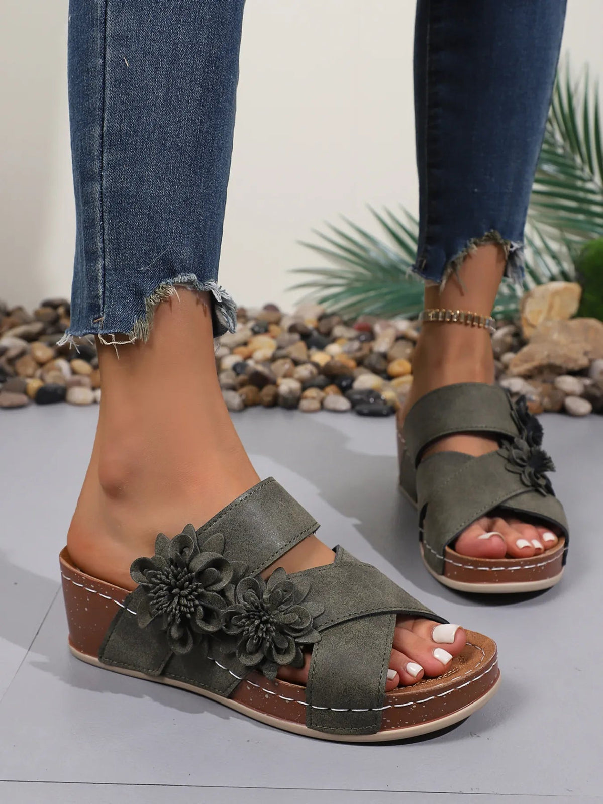 Women's floral crisscross wedge sandals by Plush Fashion Hub with colorful flower patterns and comfortable wedge heel.