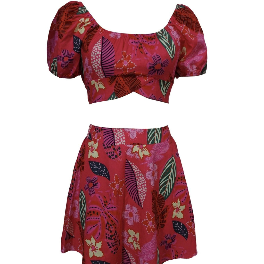 Flower print bubble sleeve short top with exposed navel and pleated short skirt set by FitiqueFit, perfect for casualwear.