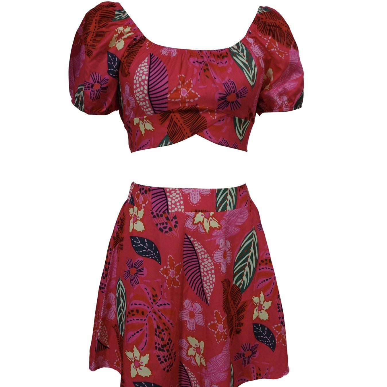 Flower print bubble sleeve short top with exposed navel and pleated short skirt set by FitiqueFit, perfect for casualwear.