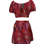 Flower print bubble sleeves short top with exposed navel and pleated short skirt set, casualwear by FitiqueFit.