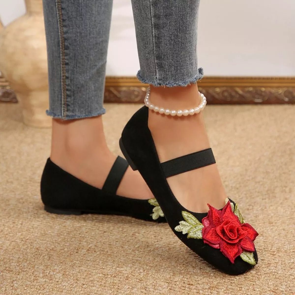 Women's floral square toe flat slip-on shoes by Plush Fashion Hub, featuring a colorful flower pattern and comfortable slip-on style.