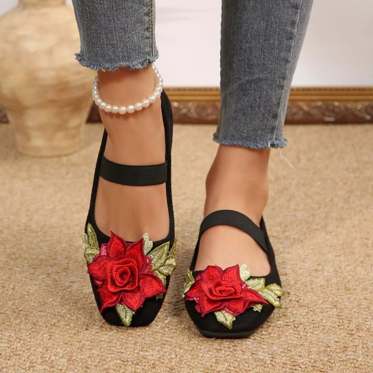 Women's floral square toe flat slip-on shoes by Plush Fashion Hub featuring a colorful flower pattern and comfortable design.