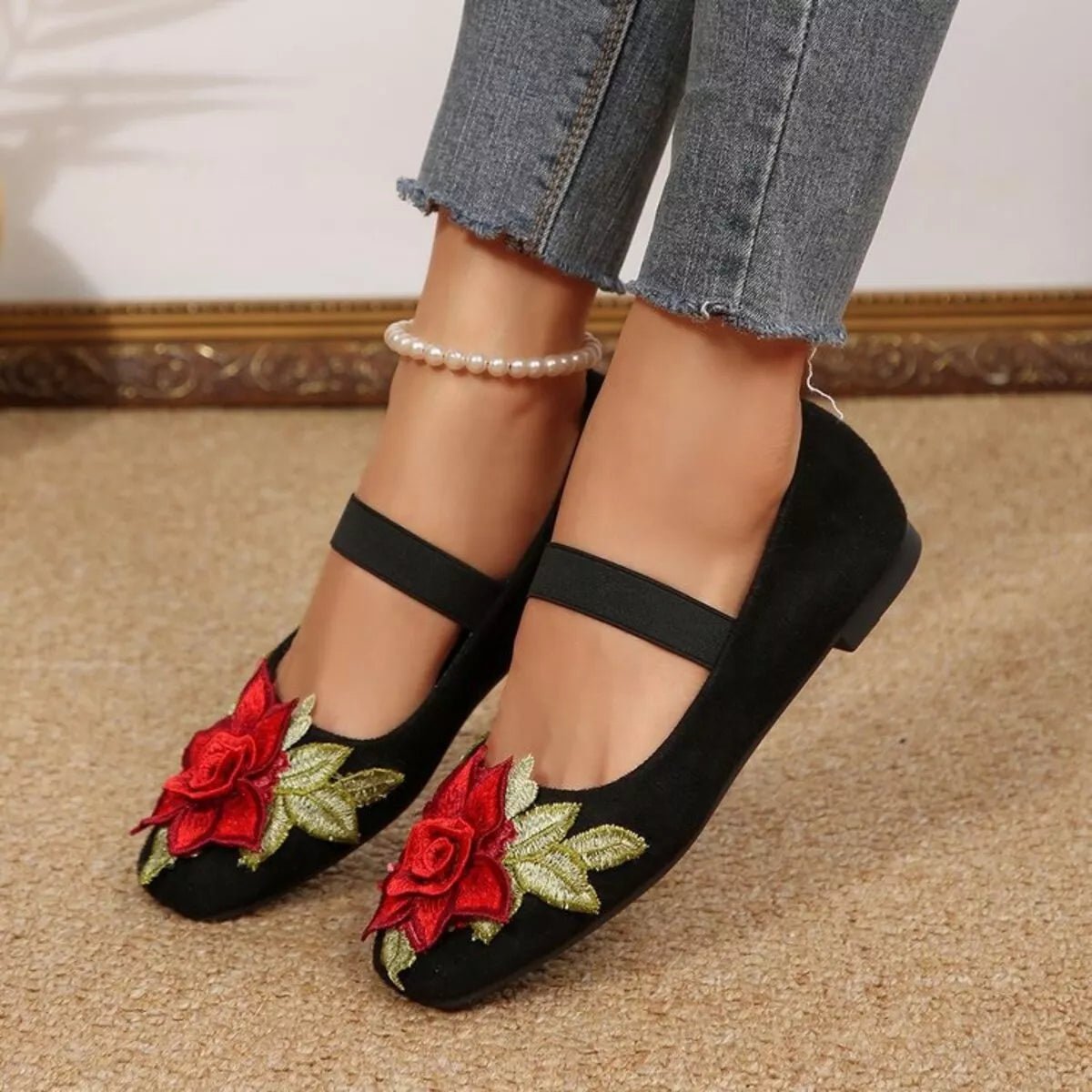 Women's floral square toe flat slip-on shoes by Plush Fashion Hub, featuring a colorful flower pattern and comfortable design.