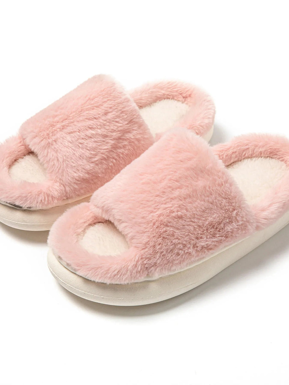 Fluffy open-toe faux fur slippers for women by Plush Fashion Hub, soft indoor house shoes with a comfortable, plush design.