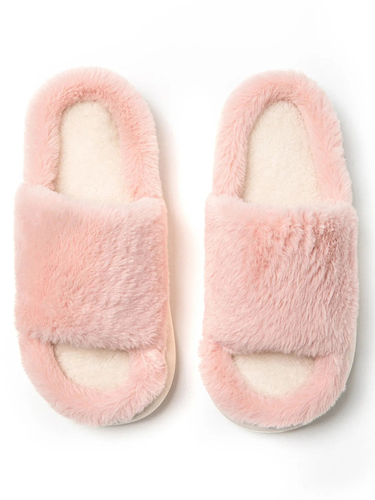 Fluffy open-toe faux fur slippers for women, soft indoor house shoes with plush comfort from Plush Fashion Hub.
