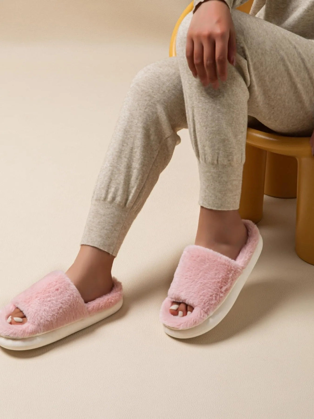 Fluffy open-toe faux fur slippers for women, soft indoor house shoes by Plush Fashion Hub, comfortable and cozy for home wear