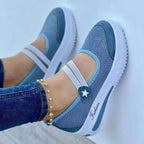 Fly Woven breathable wedge heel casual shoes with thick soles, hollow design, Velcro strap, and round toe for women.
