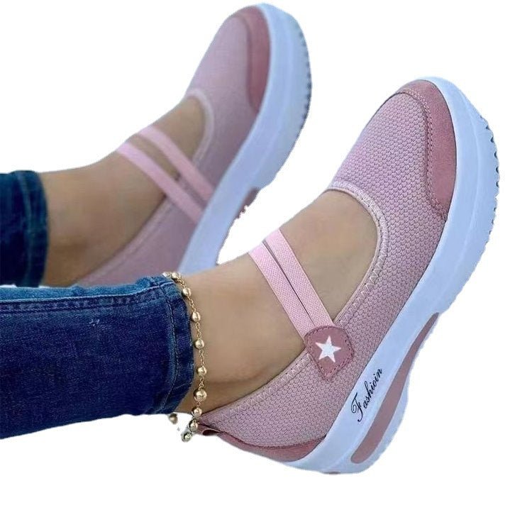 Fly Woven breathable wedge heel casual shoes with thick bottom, hollow design, velcro strap, round toe, low-top by LadyShow Store.