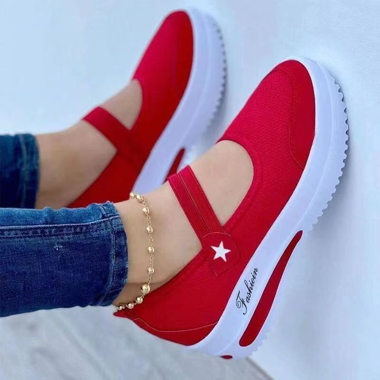 LadyShow breathable fly-woven wedge heel casual shoes with hollow design, thick bottom, Velcro strap, and round toe.