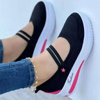 Fly Woven breathable wedge heel casual shoes by LadyShow.Store featuring a round toe, hollow design, thick bottom, and Velcro closure.