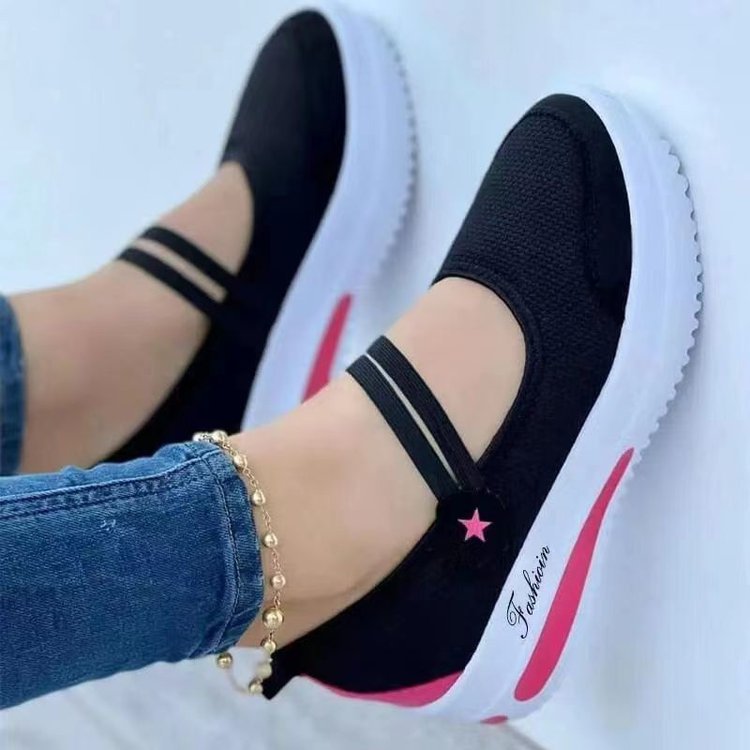 Fly Woven breathable wedge heel casual shoes by LadyShow.Store featuring a round toe, hollow design, thick bottom, and Velcro closure.