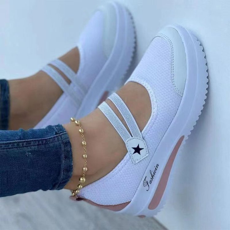Fly Woven Breathable Wedge Heel Casual Shoes by LadyShow.Store with thick sole, hollow design, Velcro strap, round toe, low-top style
