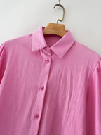 Bella Mia women's long-sleeved cotton shirt with polo collar, solid color, single-breasted, lantern sleeves, perfect for casual wear.