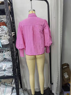 Bella Mia women's cotton long-sleeve shirt with polo collar, solid color, single-breasted, lantern sleeves, stylish and comfortable.