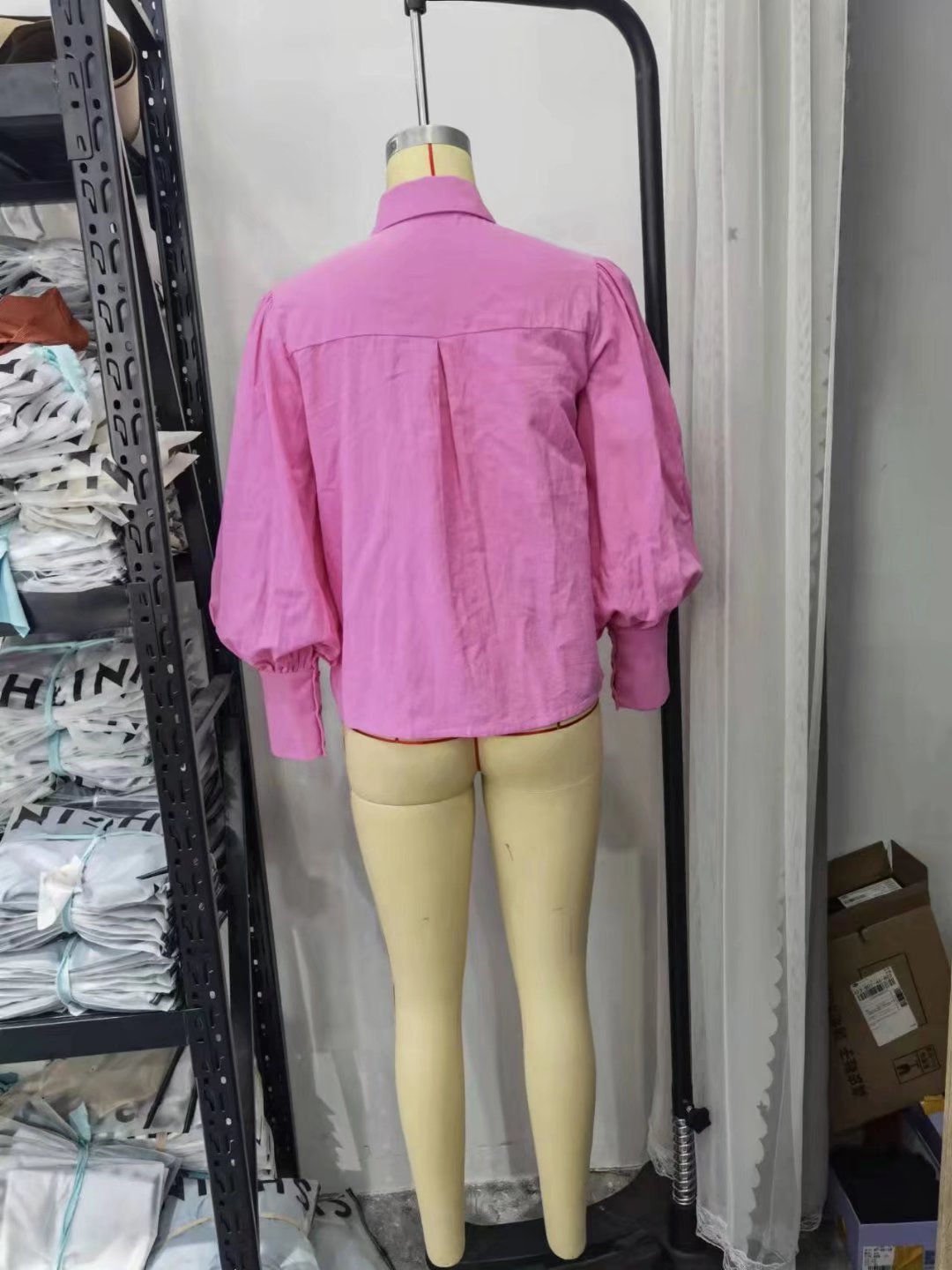 Plush Fashion Hub women's cotton long-sleeved shirt with polo collar, solid color, single-breasted, lantern sleeves.