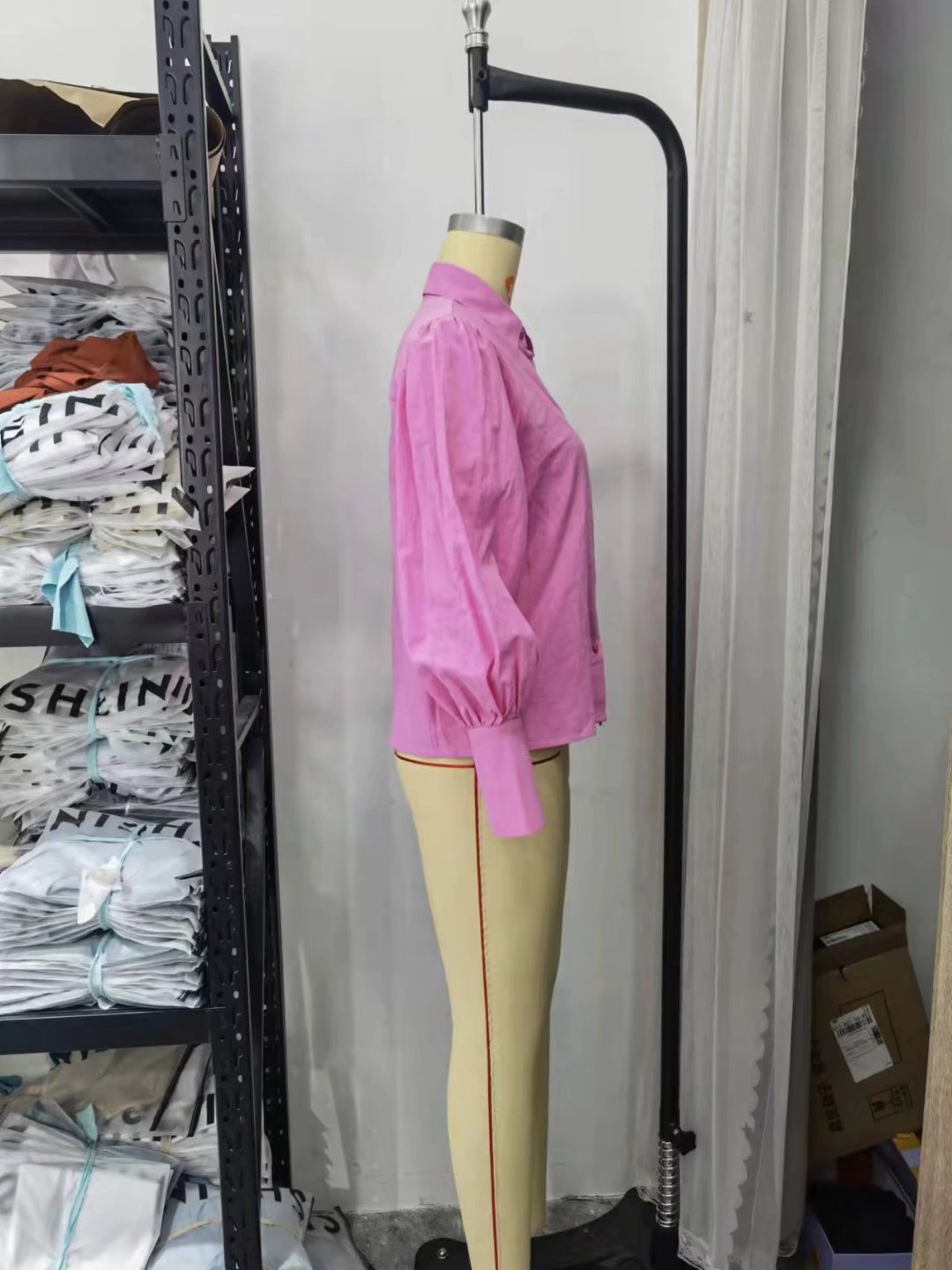 Women's cotton long-sleeve shirt with polo collar, solid color, single-breasted design and lantern sleeves by Plush Fashion Hub.