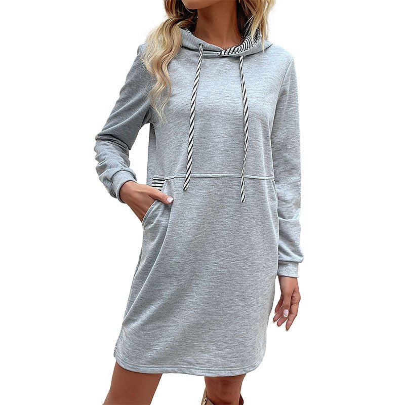 Striped patchwork hoodie skirt dress for women from Foreign Trade, featuring a casual, stylish design with mixed fabric patterns.