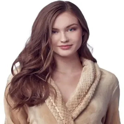 Beige Lotus Linen women's ultra soft plush bathrobe displayed from the front view, showcasing its cozy and plush fabric.