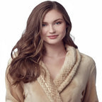 Beige Lotus Linen women's ultra-soft plush bathrobe with front view, cozy and comfortable for relaxing at home.