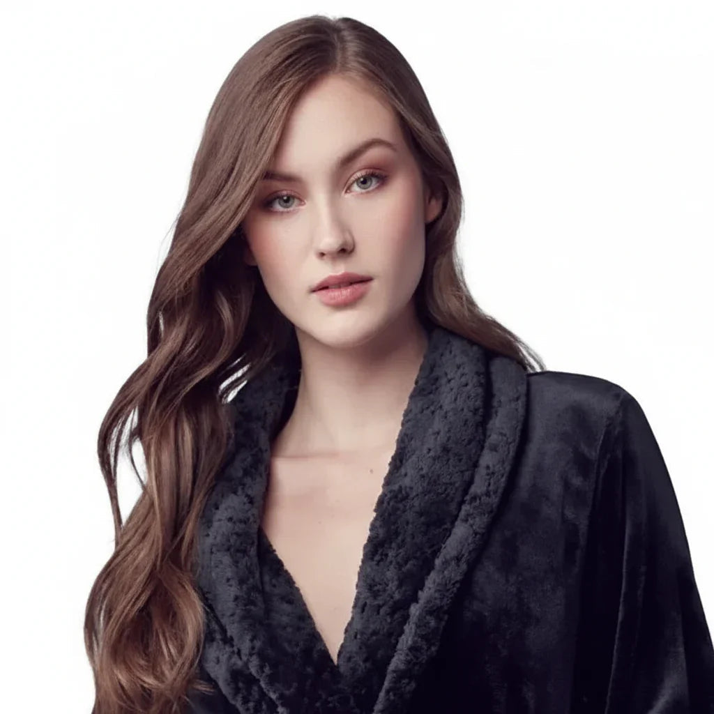 Women's ultra soft plush bathrobe by Lotus Linen, front view showing black cozy, plush fabric and relaxed fit.