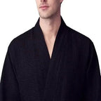 Black Lotus Linen waffle spa bathrobe for men, lightweight and absorbent, shown from the front.