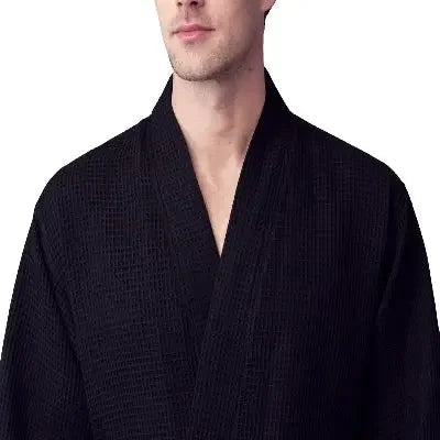 Black Lotus Linen waffle spa bathrobe for men, lightweight and absorbent, shown from the front.