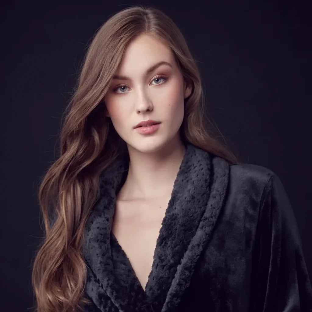 Women's soft plush bathrobe by Lotus Linen, front view in small black color, showcasing cozy, lightweight robe with a tie waist.