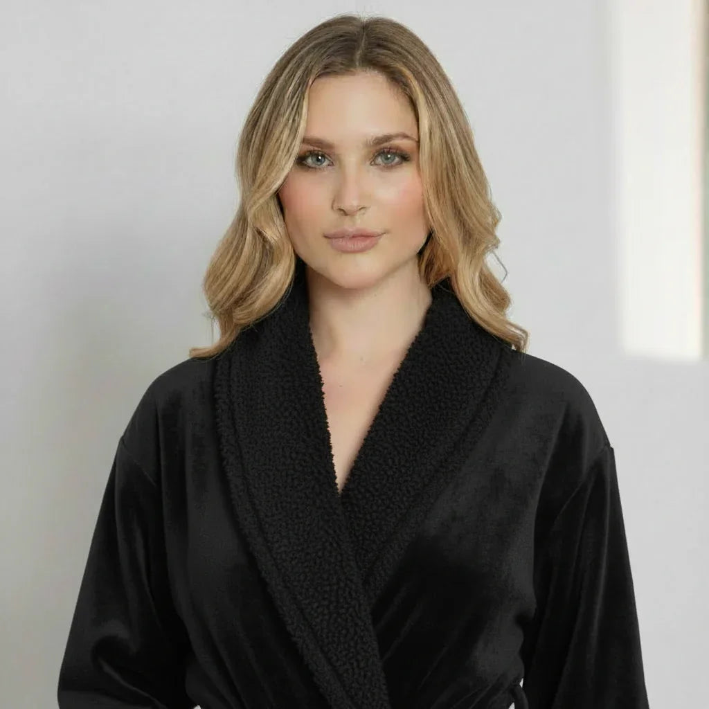 Front view of Lotus Linen women's ultra-soft plush bathrobe in small black, showcasing cozy, plush fabric and relaxed fit.