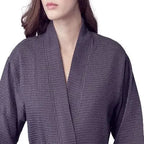 Front view of Lotus Linen women's lightweight charcoal waffle robe with quick-dry spa comfort fabric.