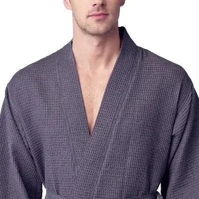 Front view of Lotus Linen men's charcoal waffle spa bathrobe, lightweight and absorbent, showcasing the soft fabric and relaxed fit.