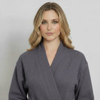 Front view of Lotus Linen women's charcoal waffle robe, lightweight, quick-dry spa comfort robe with a cozy fit.