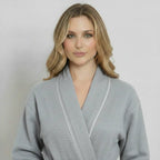 Front view of women’s gray waffle piping bathrobe by Lotus Linen, lightweight spa-style robe with piping details.