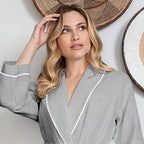 Front view of Lotus Linen women's knee-length gray waffle robe with piping detail, designed for comfort and style.