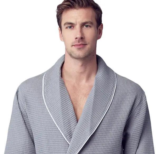 Front view of Lotus Linen men's premium waffle piping robe in small gray, featuring a cozy design and piping details.