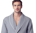 Front view of Lotus Linen men's premium waffle piping robe in small gray, featuring a cozy design and piping details.
