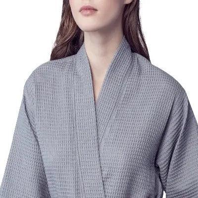 Light gray Lotus Linen women's waffle robe with lightweight, quick-dry spa comfort, shown from the front.