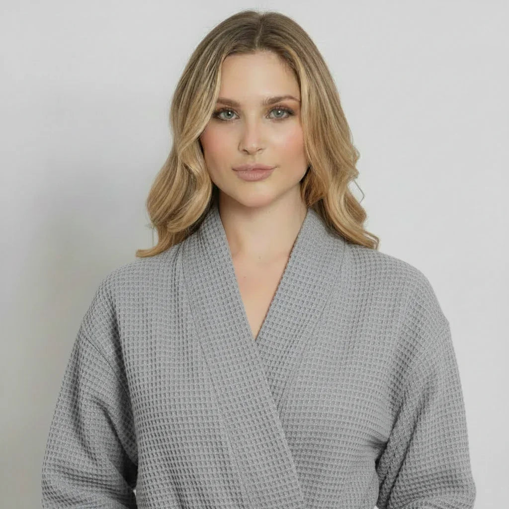 Lightweight gray women's waffle robe by Lotus Linen, quick-dry spa comfort robe with front view and small size.