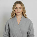 Lightweight gray women's waffle robe by Lotus Linen, quick-dry spa comfort robe with front view and small size.