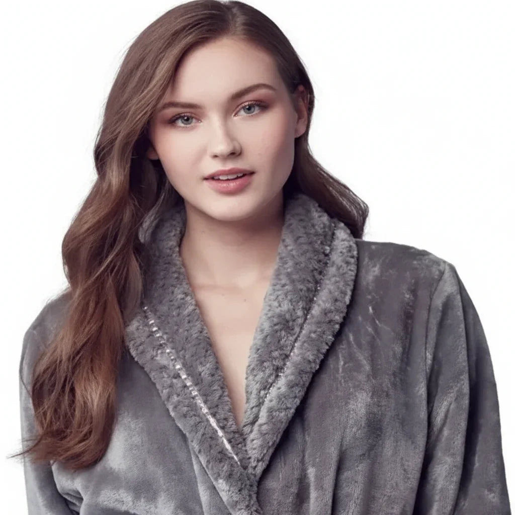 Front view of Lotus Linen women's ultra soft plush fleece bathrobe in small grey, showcasing cozy, plush fabric and relaxed fit.