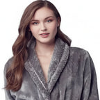 Front view of Lotus Linen women's ultra soft plush fleece bathrobe in small grey, showcasing cozy, plush fabric and relaxed fit.