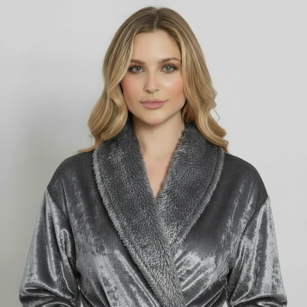 Front view of Lotus Linen women's ultra-soft plush grey fleece bathrobe, showcasing cozy, plush fabric and relaxed fit.