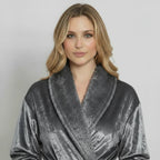 Front view of Lotus Linen women's ultra-soft plush grey fleece bathrobe, showcasing cozy, plush fabric and relaxed fit.